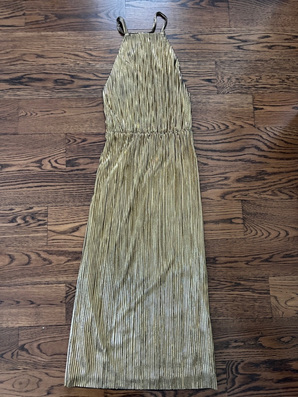 Gold Pleated Halter Midi Dress